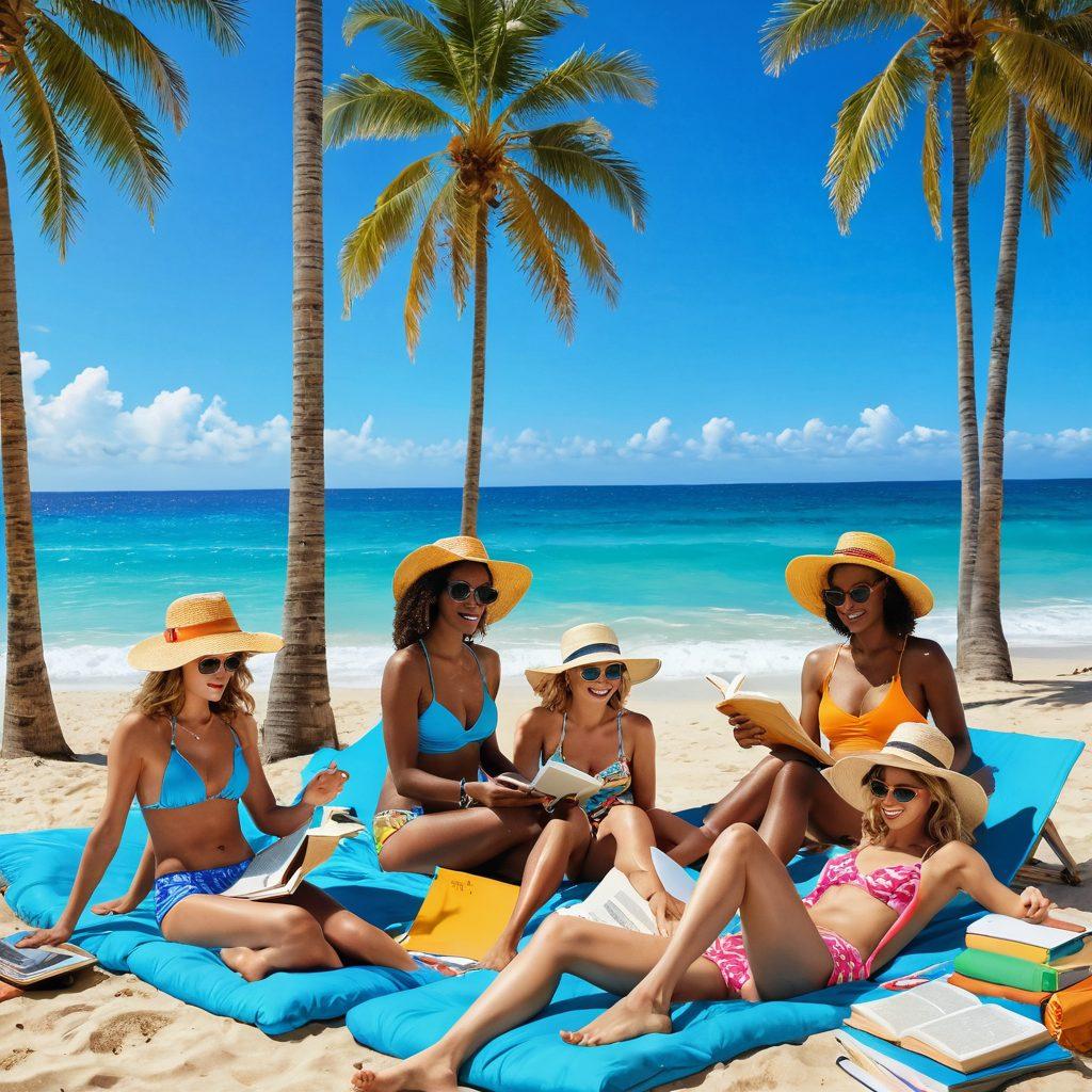 A vibrant beach scene featuring a group of stylish individuals in diverse bathing suits, studying classic literature and enjoying the sun. Tropical palm trees sway in the background with a bright blue ocean, while scholarly books and beach accessories are scattered around. The scene radiates a fun yet intellectual vibe with waves gently lapping at the shore. colorful and fashionable accessories like hats and sunglasses are included. tropical and summer aesthetic. vibrant colors. super-realistic.